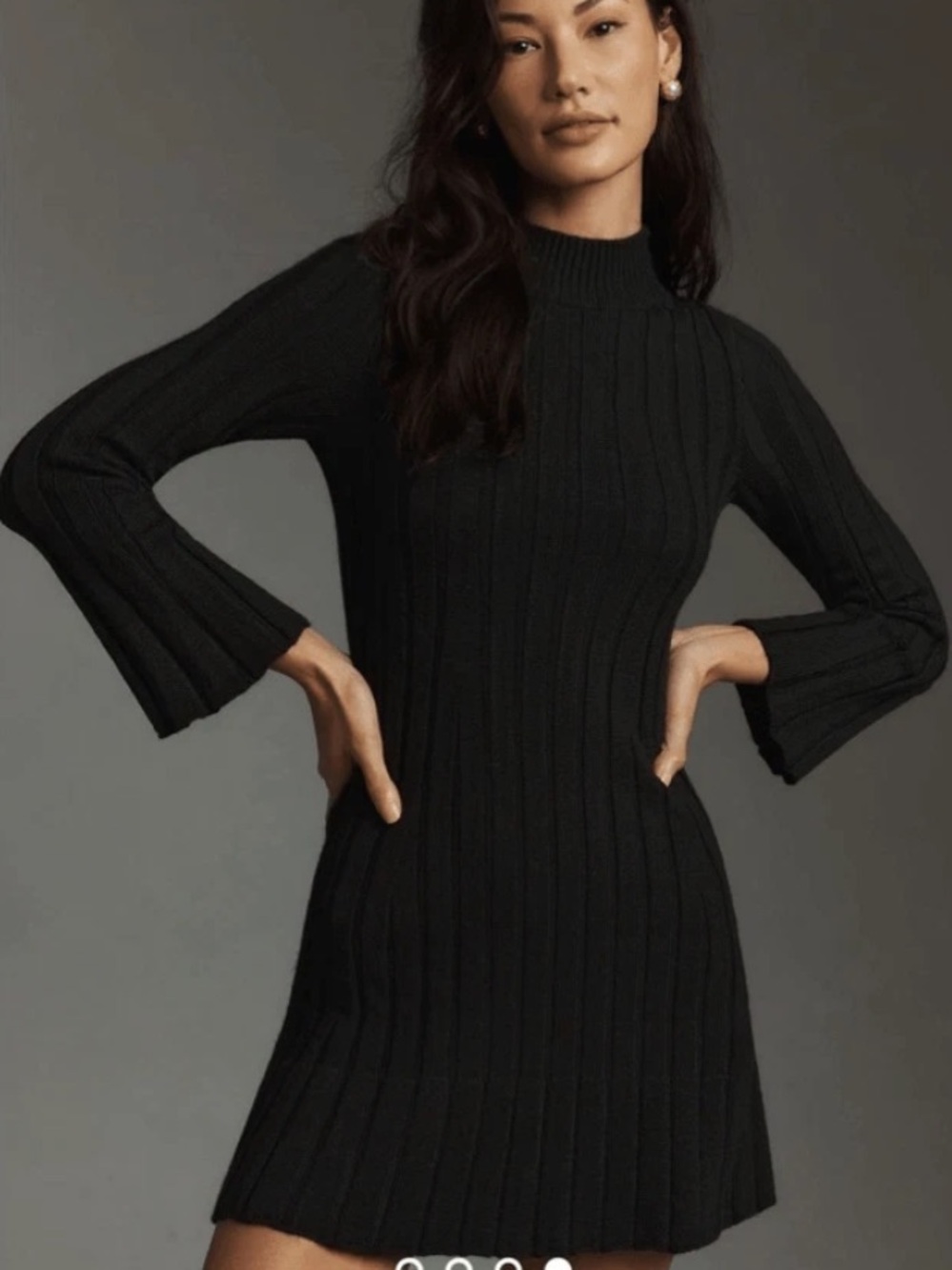 Anthropologie Black Ribbed Knit Mock Neck Bell Sleeve Mini Dress. Size XS